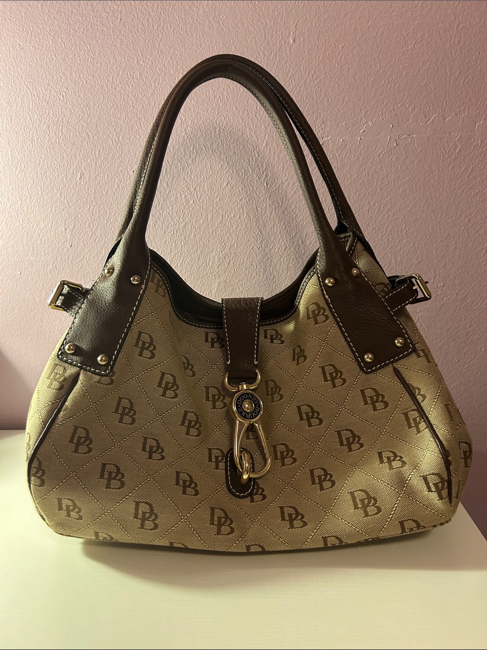 Dooney & Bourke Beige and Brown Signature Logo Shoulder Bag